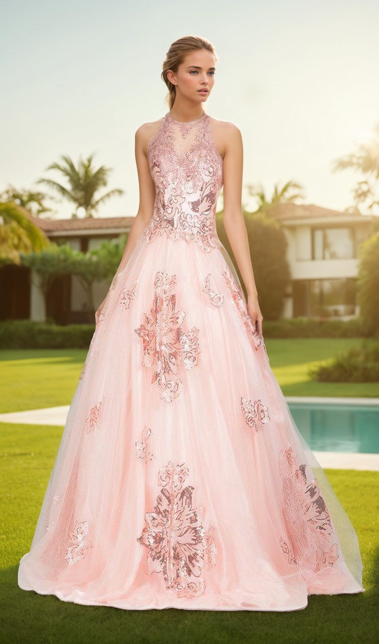 A woman stands outdoors in a sleeveless, floor-length pink High-Neck Long Prom Ball Gown: Chicas DR7008, featuring intricate floral embroidery, with a house, palm trees, and pool in the background.